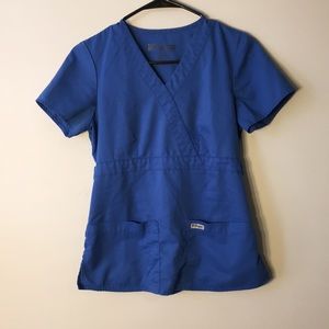 3/4 mock wrap juniors scrub top in royal blue